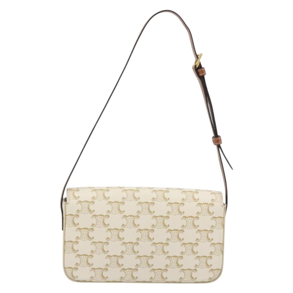 CELINE Triomphe Shoulder Bag Leather White Gold Auth BA13935M