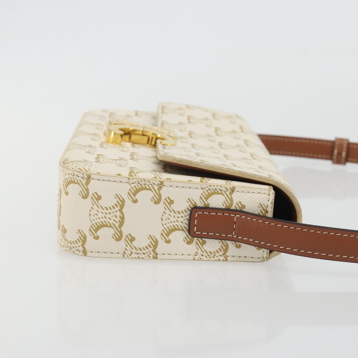 CELINE Triomphe Shoulder Bag Leather White Gold Auth BA13935M