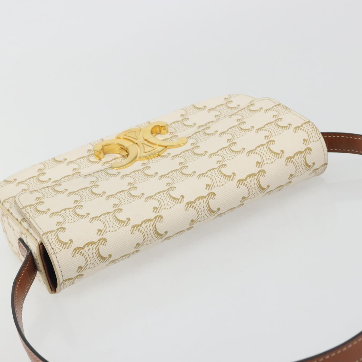 CELINE Triomphe Shoulder Bag Leather White Gold Auth BA13935M