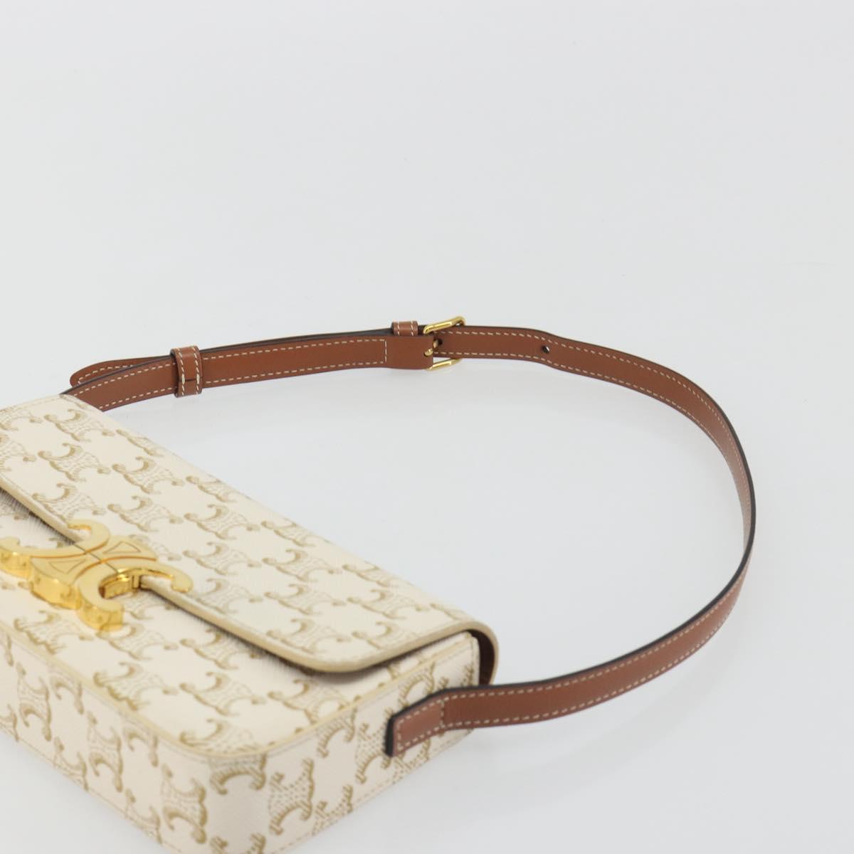 CELINE Triomphe Shoulder Bag Leather White Gold Auth BA13935M