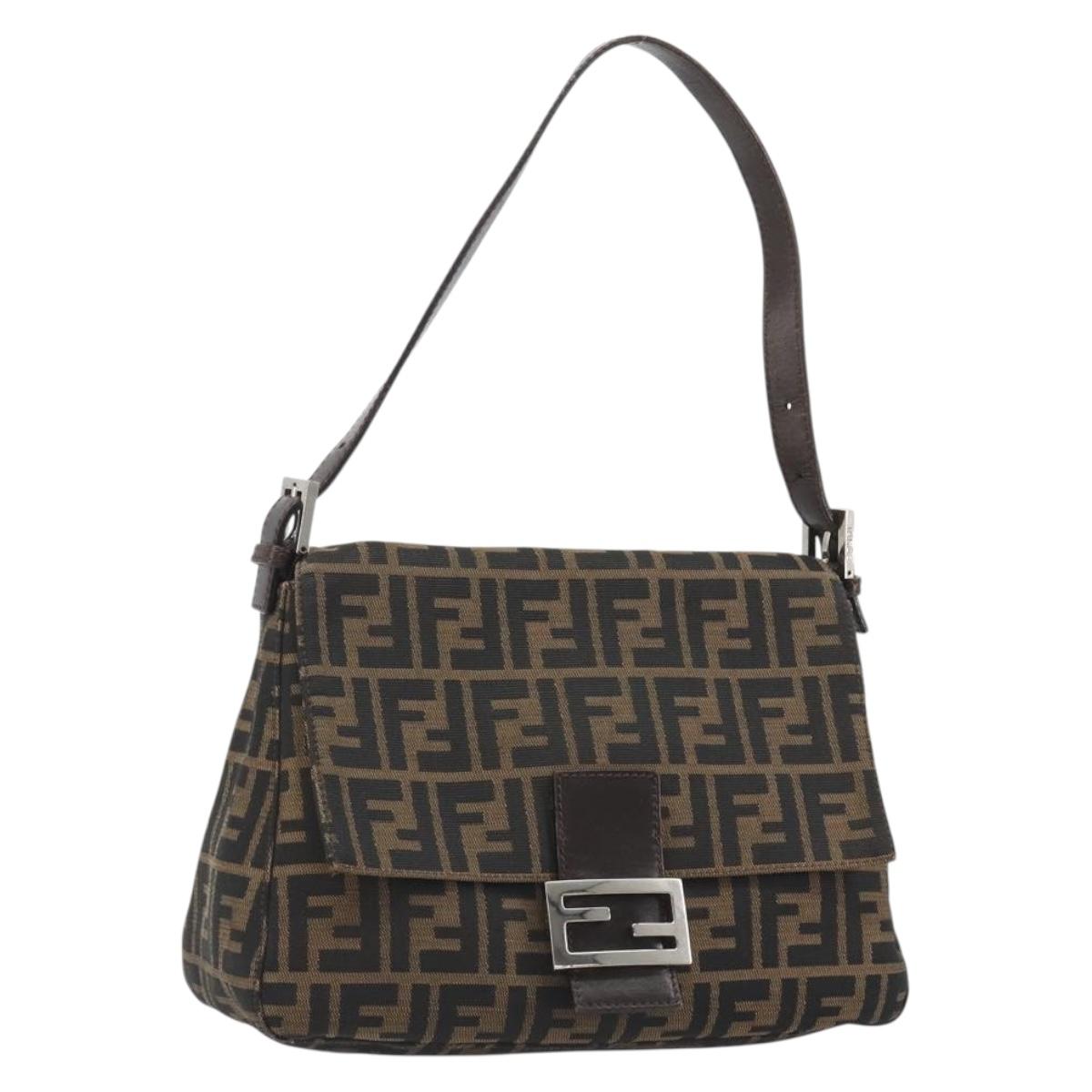 FENDI Zucca Canvas Mamma Baguette Shoulder Bag Brown Silver Auth BA13938V