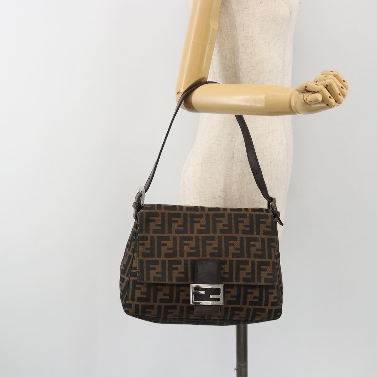 FENDI Zucca Canvas Mamma Baguette Shoulder Bag Brown Silver Auth BA13938V