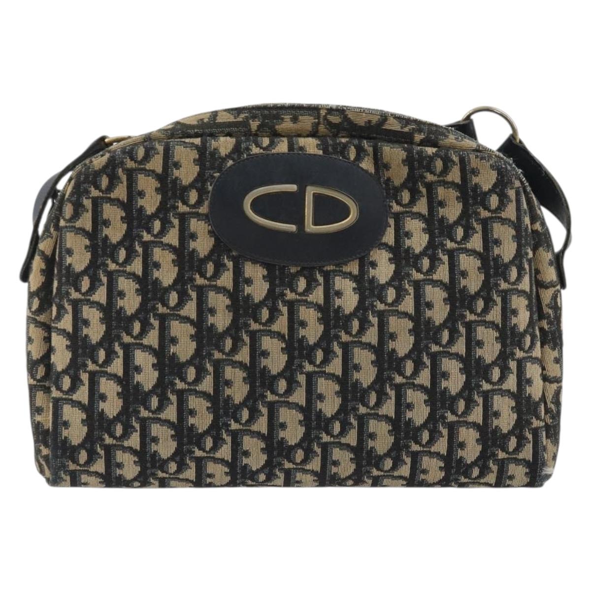 Christian Dior Trotter Canvas Shoulder Bag Navy Gold Auth BA13955