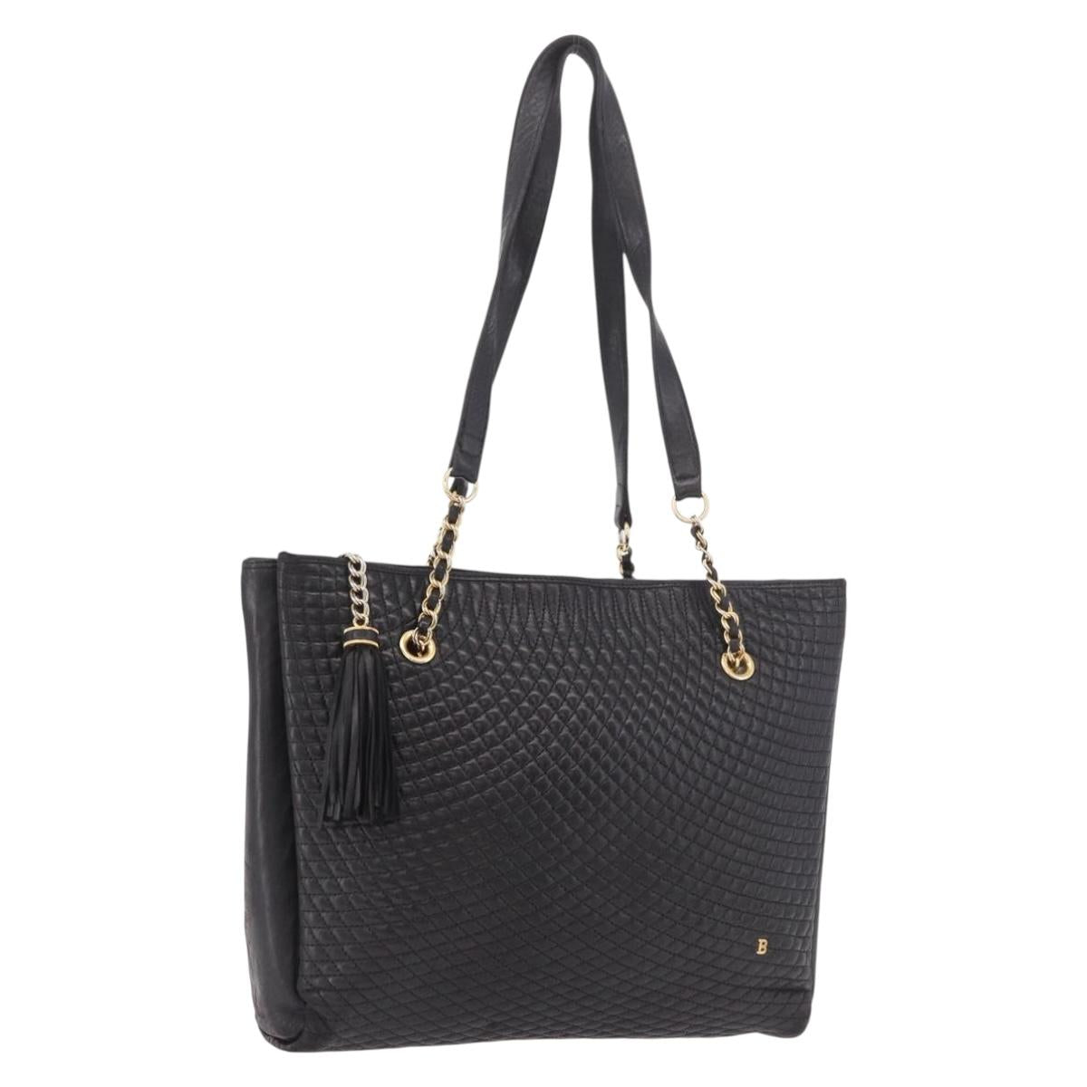 BALLY Chain Tote Bag Leather Black Gold Auth BA13962