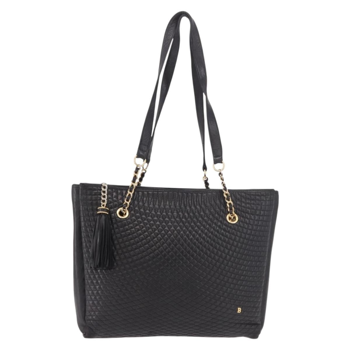 BALLY Chain Tote Bag Leather Black Gold Auth BA13962