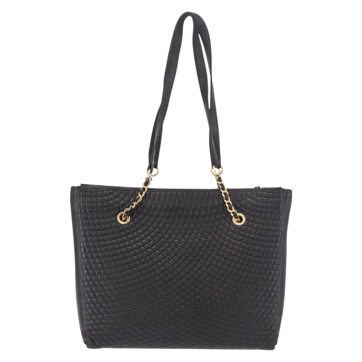 BALLY Chain Tote Bag Leather Black Gold Auth BA13962