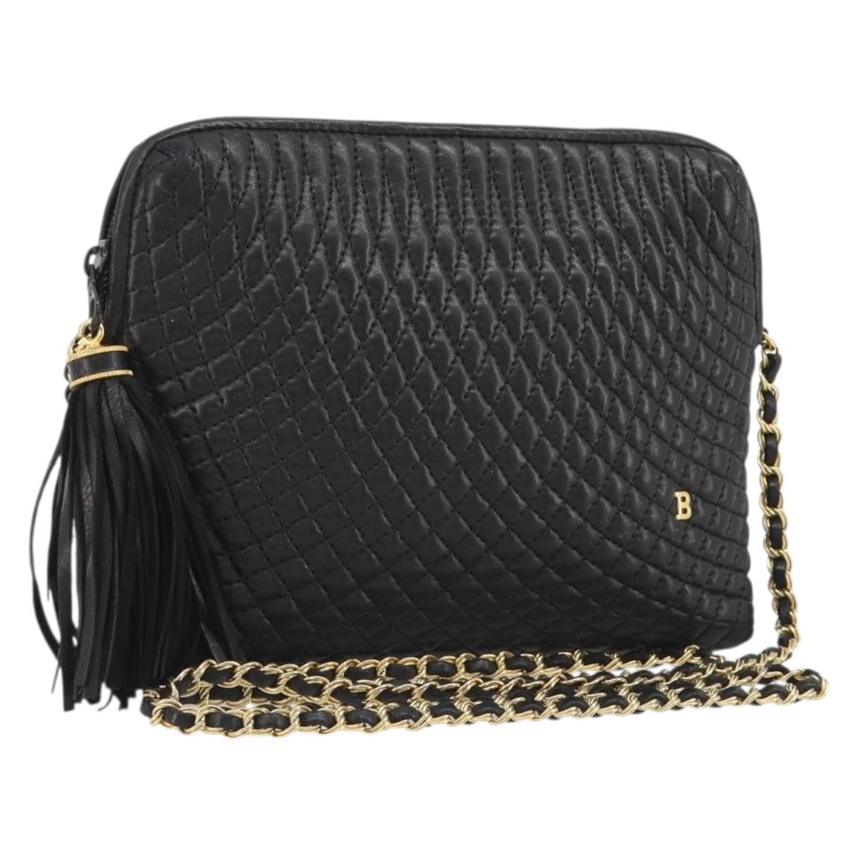 BALLY Chain Shoulder Bag Leather Black Gold Auth BA13963A
