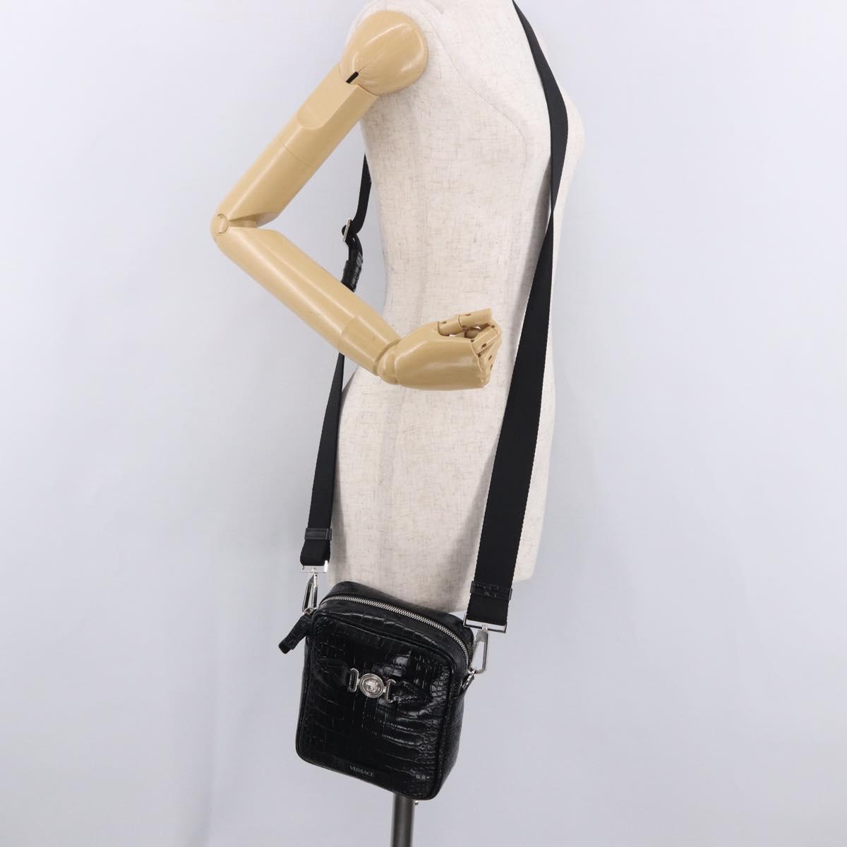 VERSACE Shoulder Bag Leather Black Silver Auth BA13966V