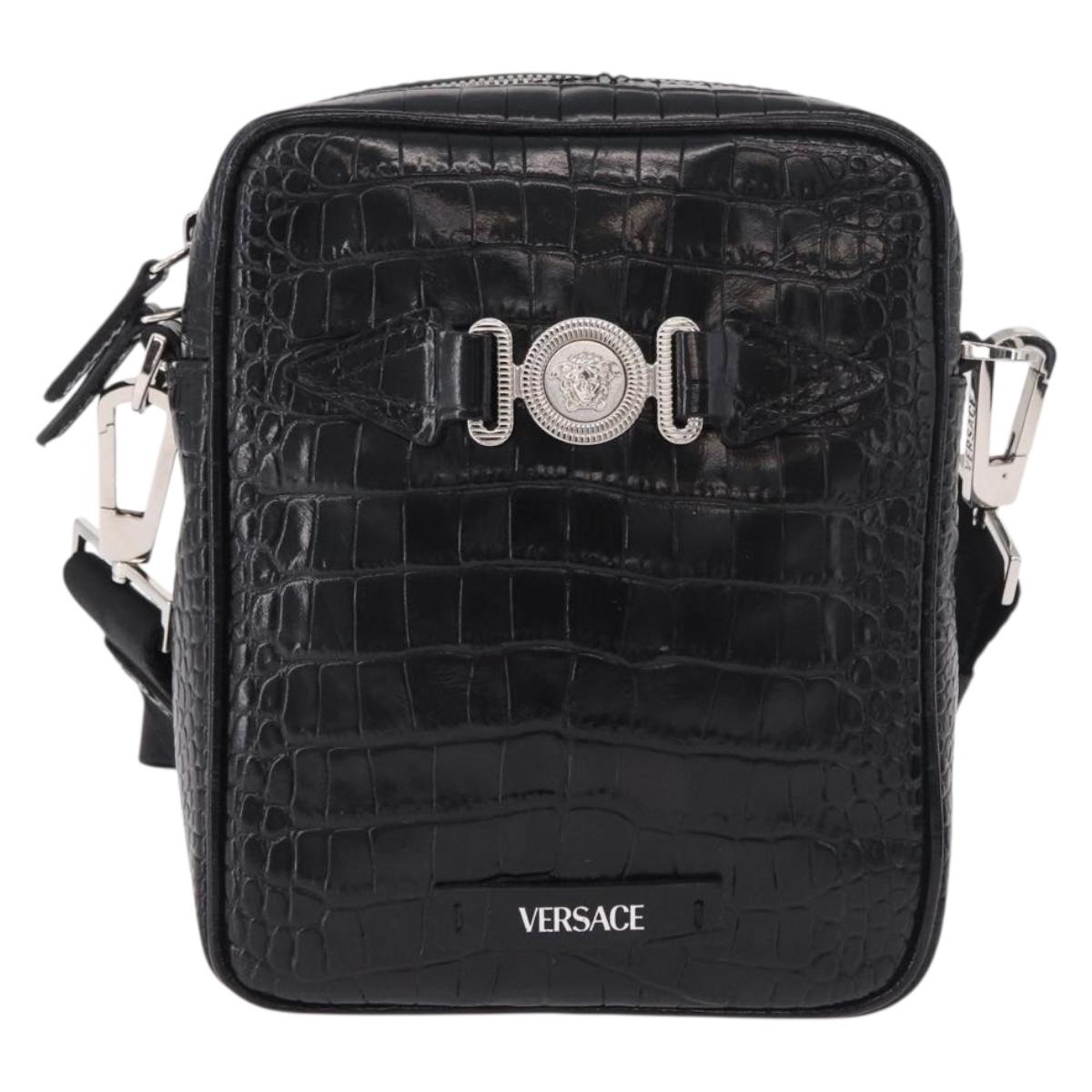 VERSACE Shoulder Bag Leather Black Silver Auth BA13966V