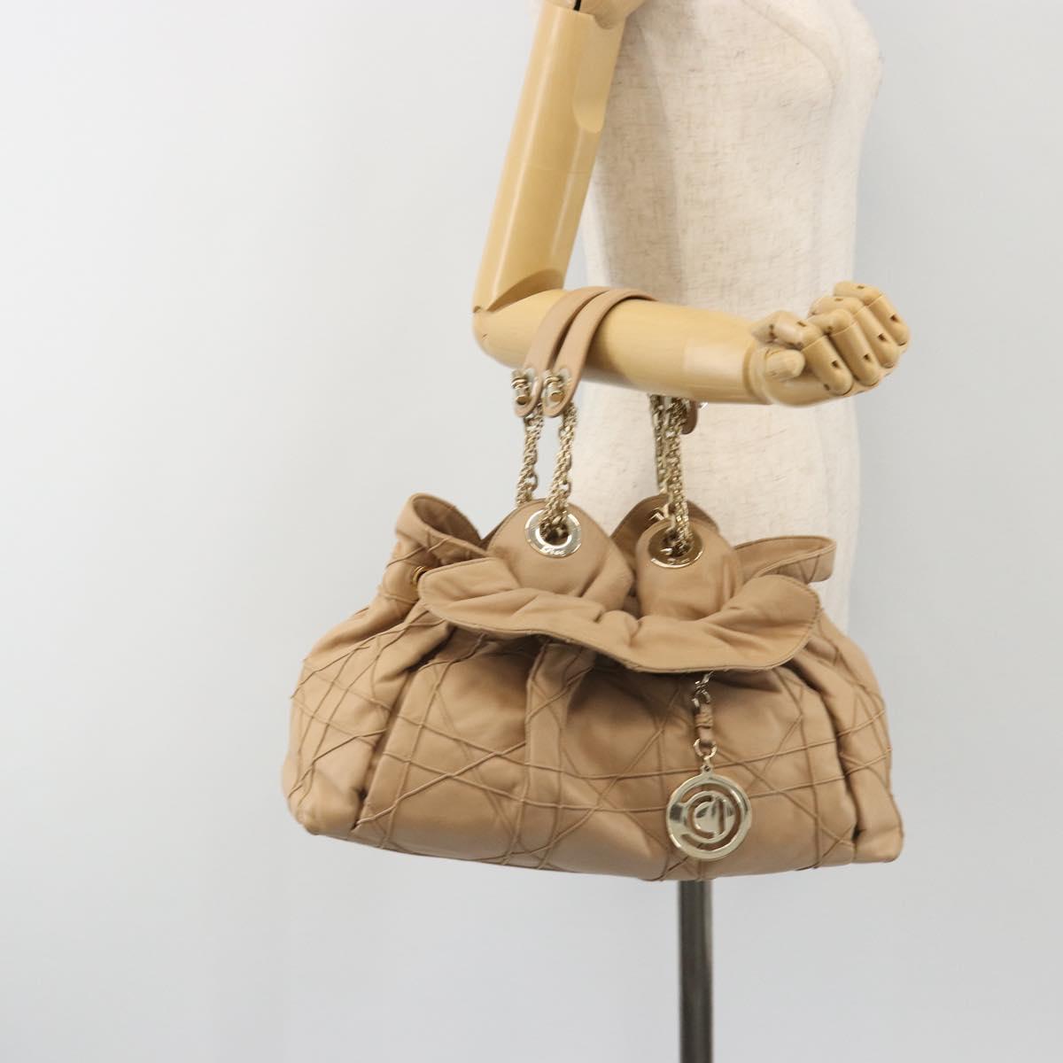 Christian Dior Chain Drawstring Bag Leather Beige Gold Auth BA13968A