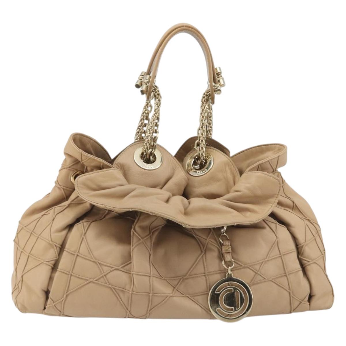 Christian Dior Chain Drawstring Bag Leather Beige Gold Auth BA13968A