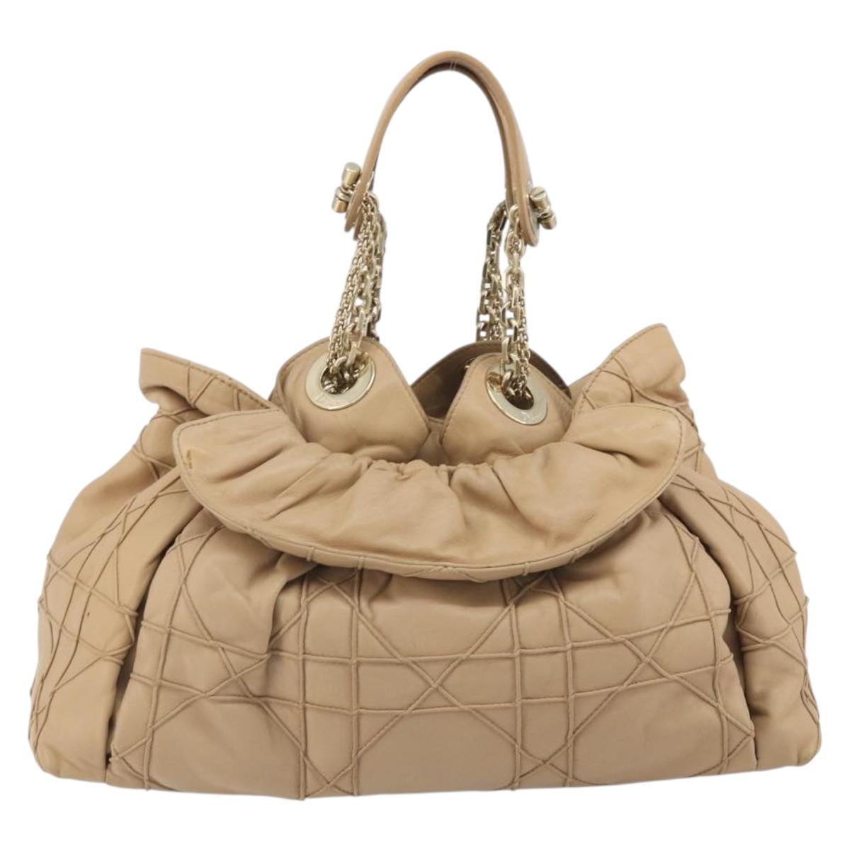 Christian Dior Chain Drawstring Bag Leather Beige Gold Auth BA13968A
