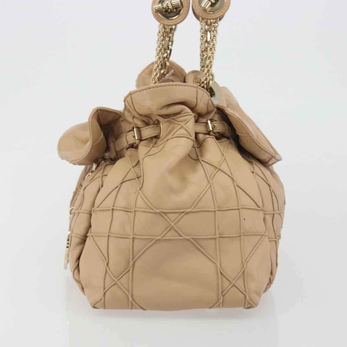 Christian Dior Chain Drawstring Bag Leather Beige Gold Auth BA13968A