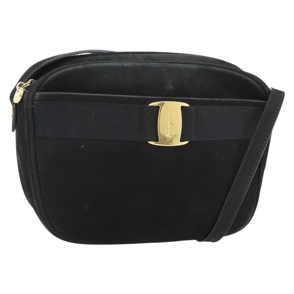 Salvatore Ferragamo Vala Shoulder Bag Suede Black Gold Auth BA13991