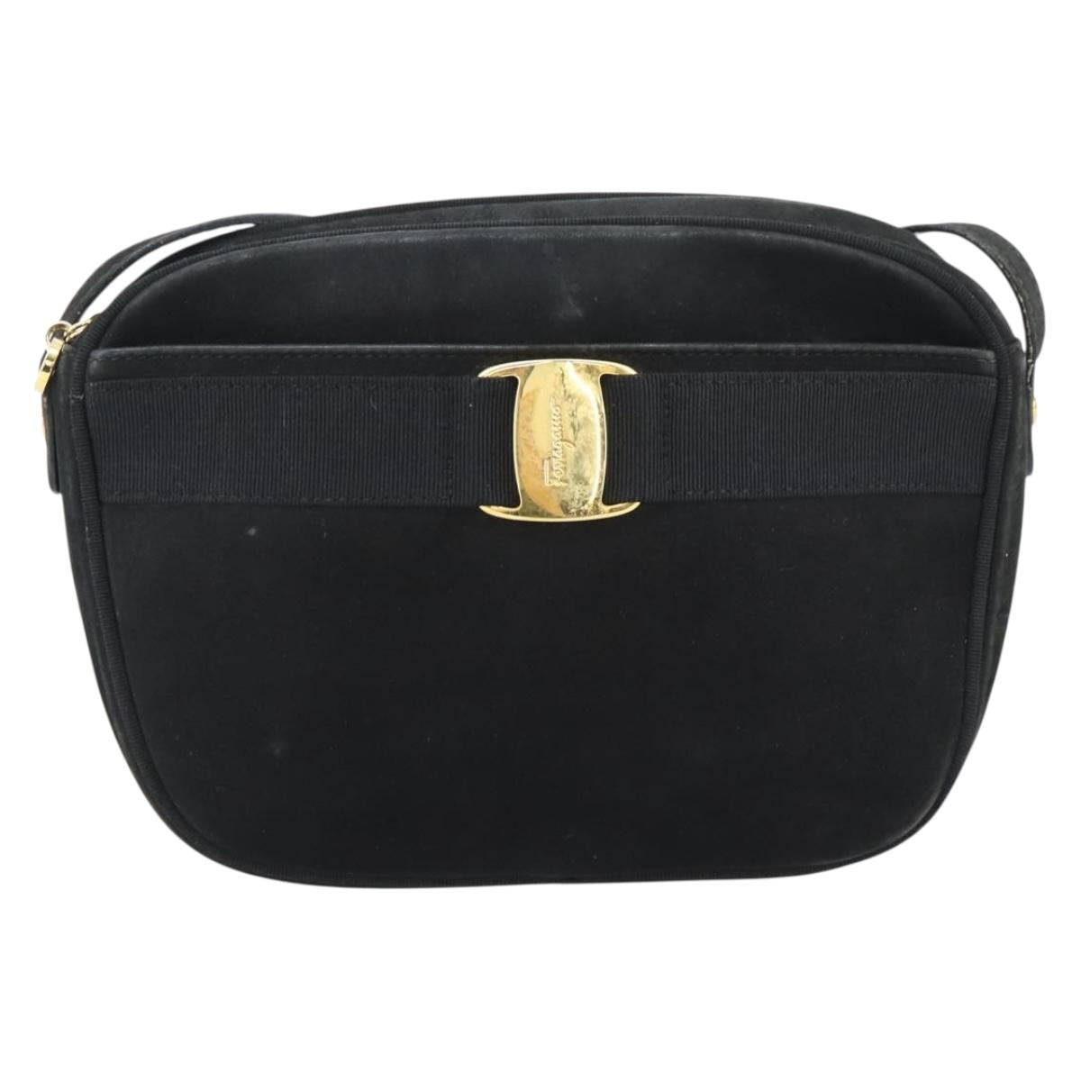 Salvatore Ferragamo Vala Shoulder Bag Suede Black Gold Auth BA13991