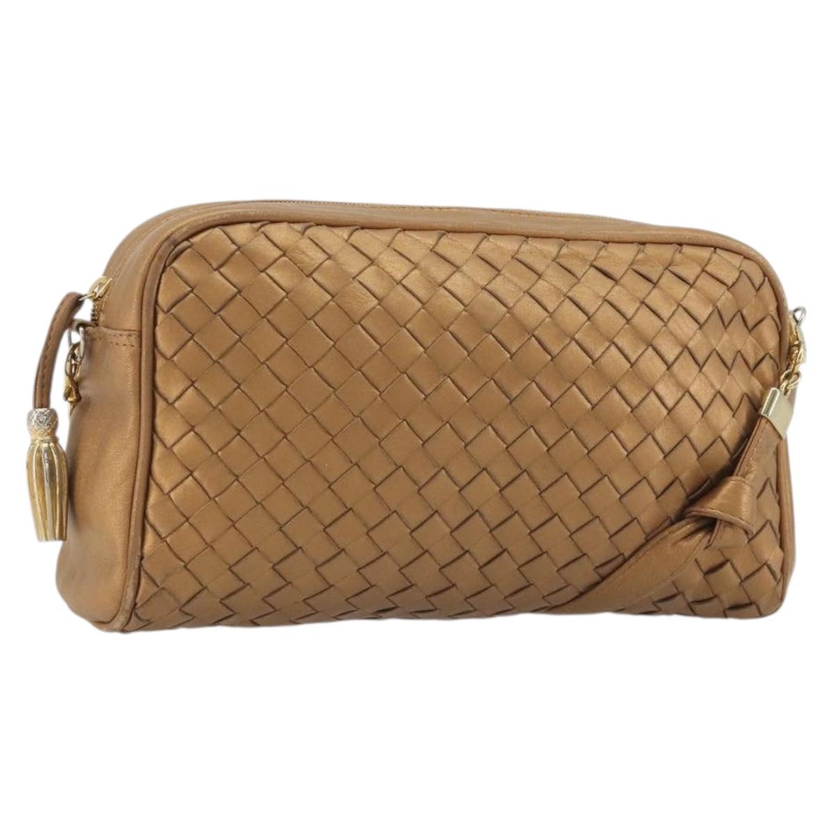 BOTTEGA VENETA INTRECCIATO Shoulder Bag Leather Bronze Gold Auth BA13993