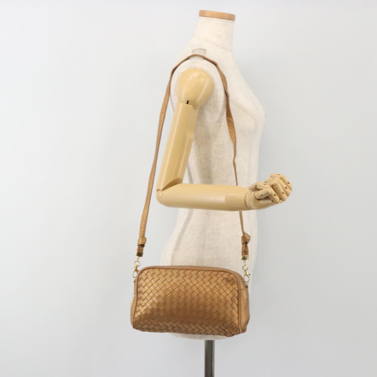 BOTTEGA VENETA INTRECCIATO Shoulder Bag Leather Bronze Gold Auth BA13993