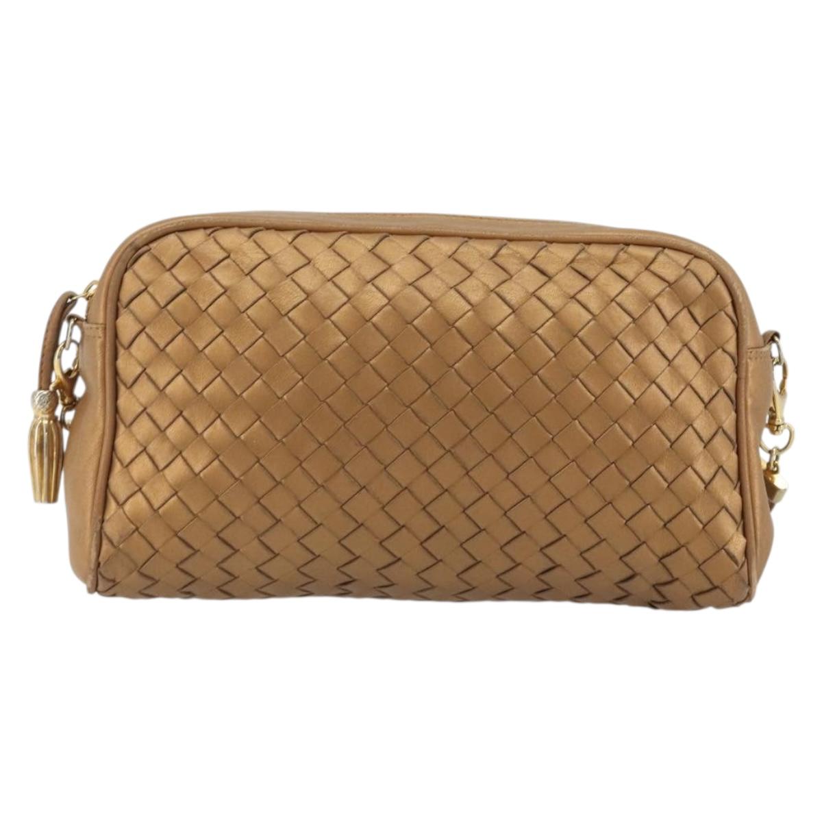 BOTTEGA VENETA INTRECCIATO Shoulder Bag Leather Bronze Gold Auth BA13993