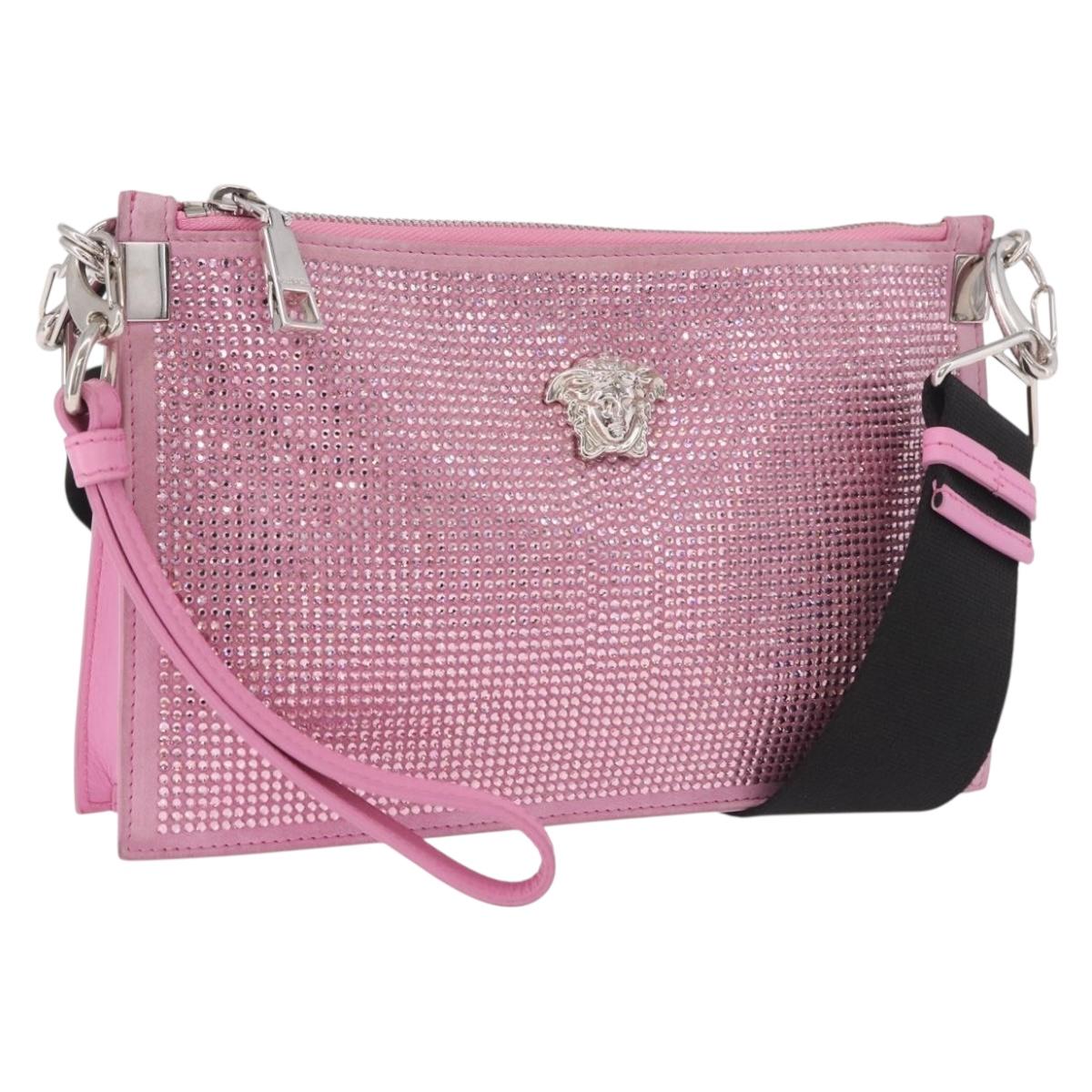 VERSACE Shoulder Bag Leather Pink Silver Auth BA13994A