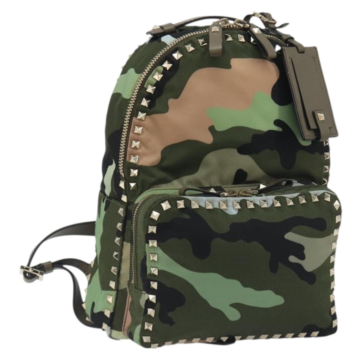 VALENTINO Backpack Nylon Khaki Gold Camouflage Auth BA13995