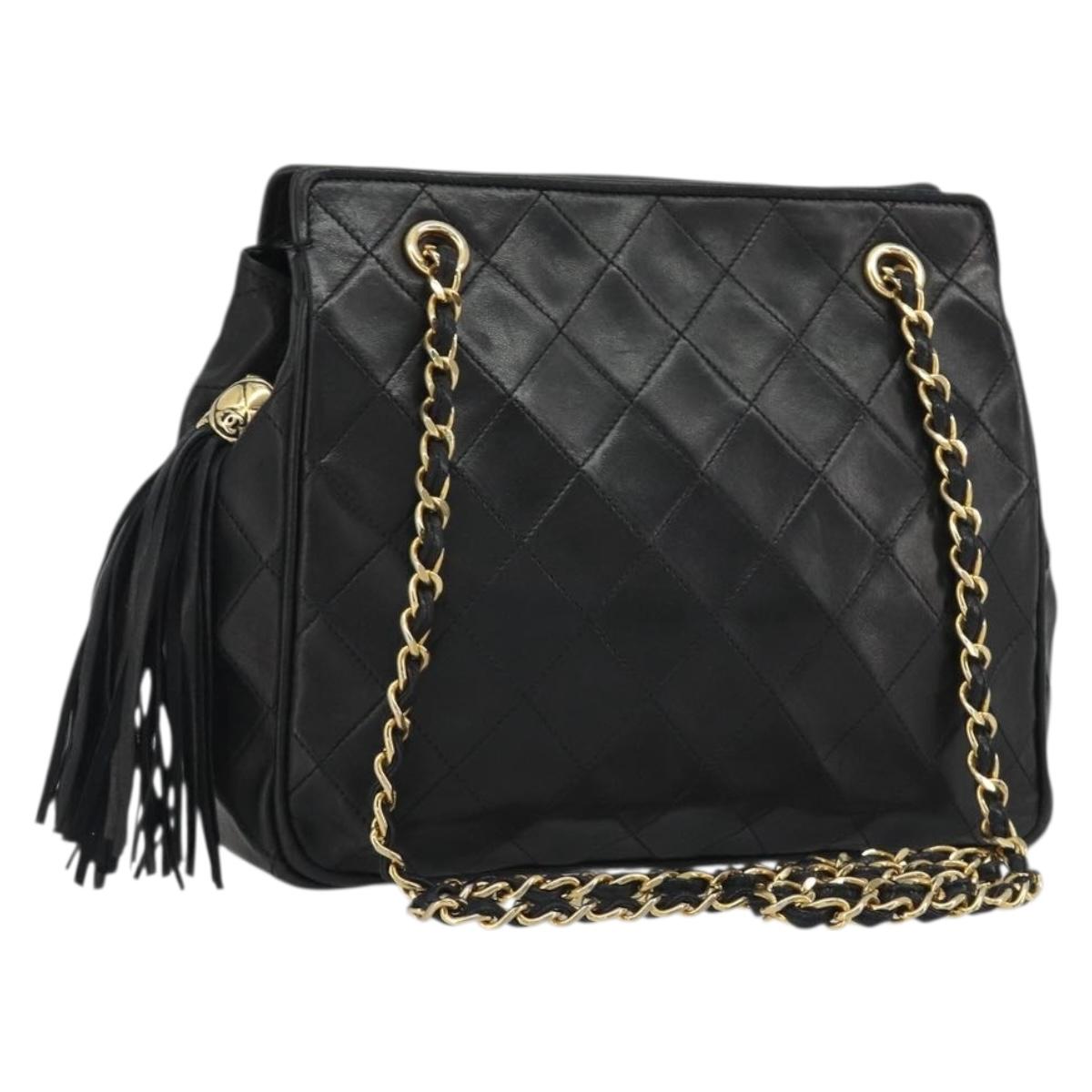 CHANEL Matelasse Chain Shoulder Bag Lamb Skin Black Gold CC Auth BA13997A