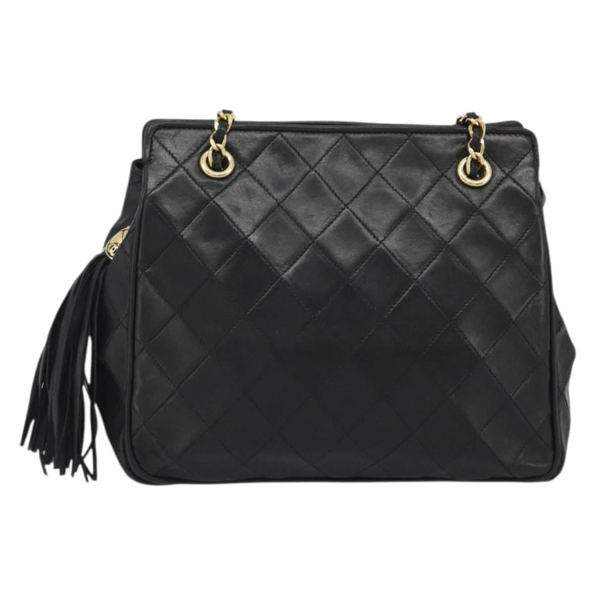 CHANEL Matelasse Chain Shoulder Bag Lamb Skin Black Gold CC Auth BA13997A