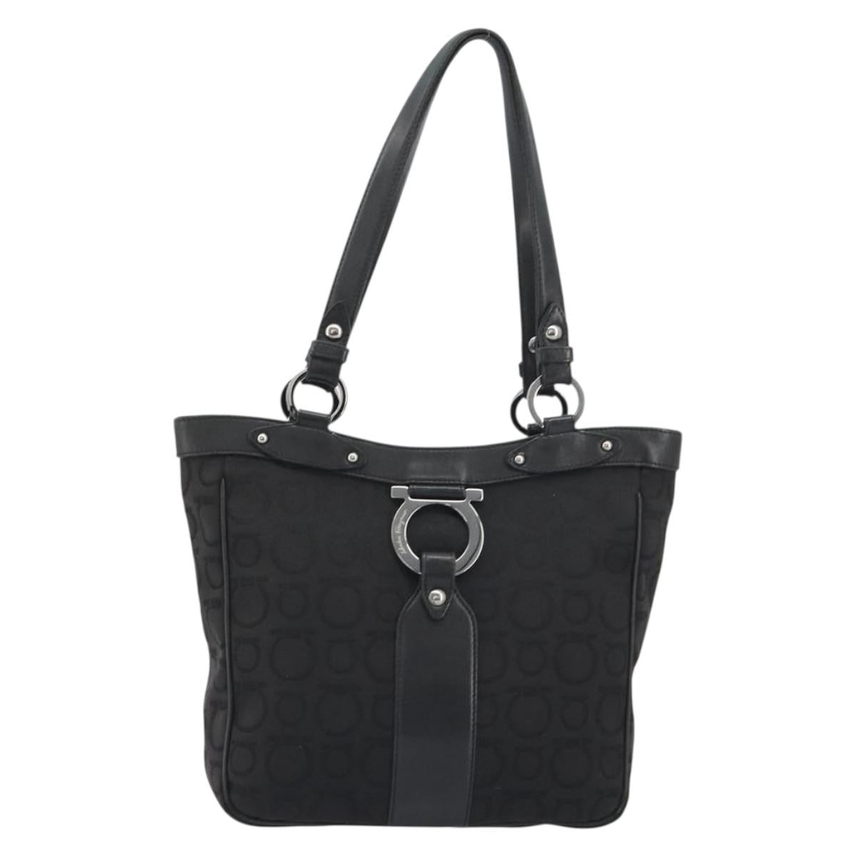 Salvatore Ferragamo Gancini Tote Bag Canvas Black Silver Auth BA13998