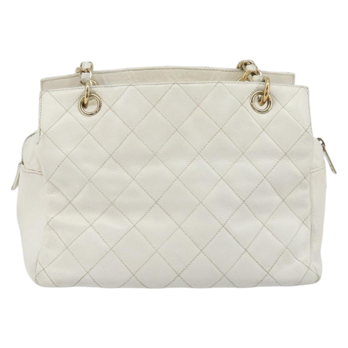 CHANEL Matelasse Chain Shoulder Bag Caviar Skin White Gold CC Auth BA13999