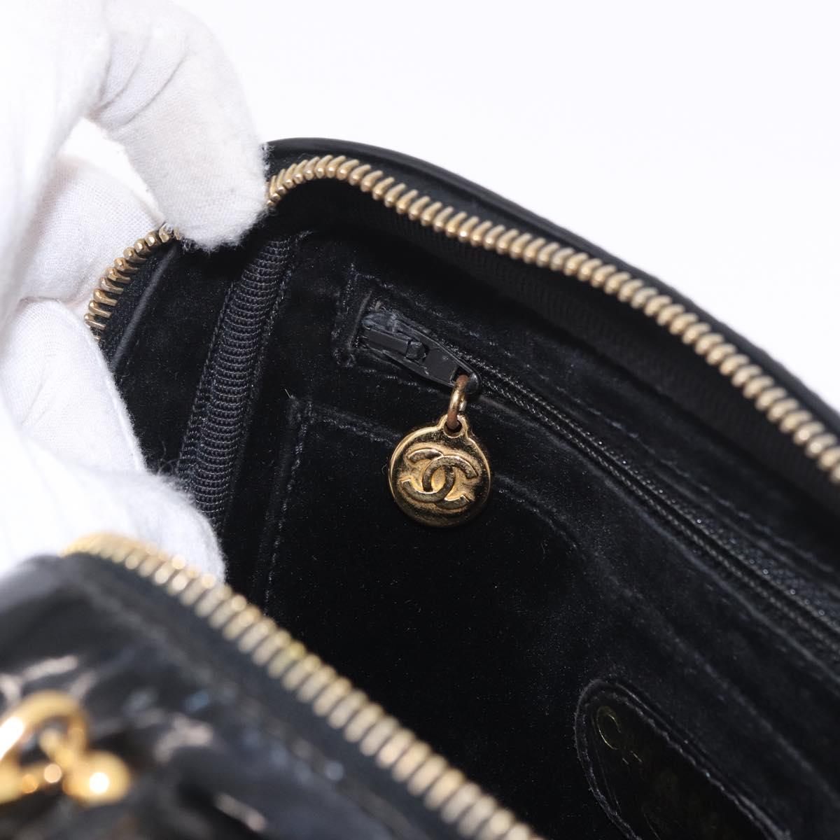 CHANEL Vanity Cosmetic Pouch Patent 2way Black Gold CC Auth BA14000A