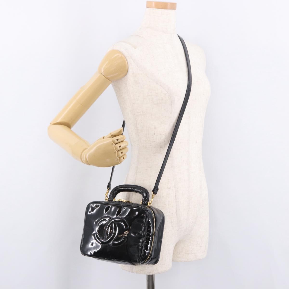 CHANEL Vanity Cosmetic Pouch Patent 2way Black Gold CC Auth BA14000A