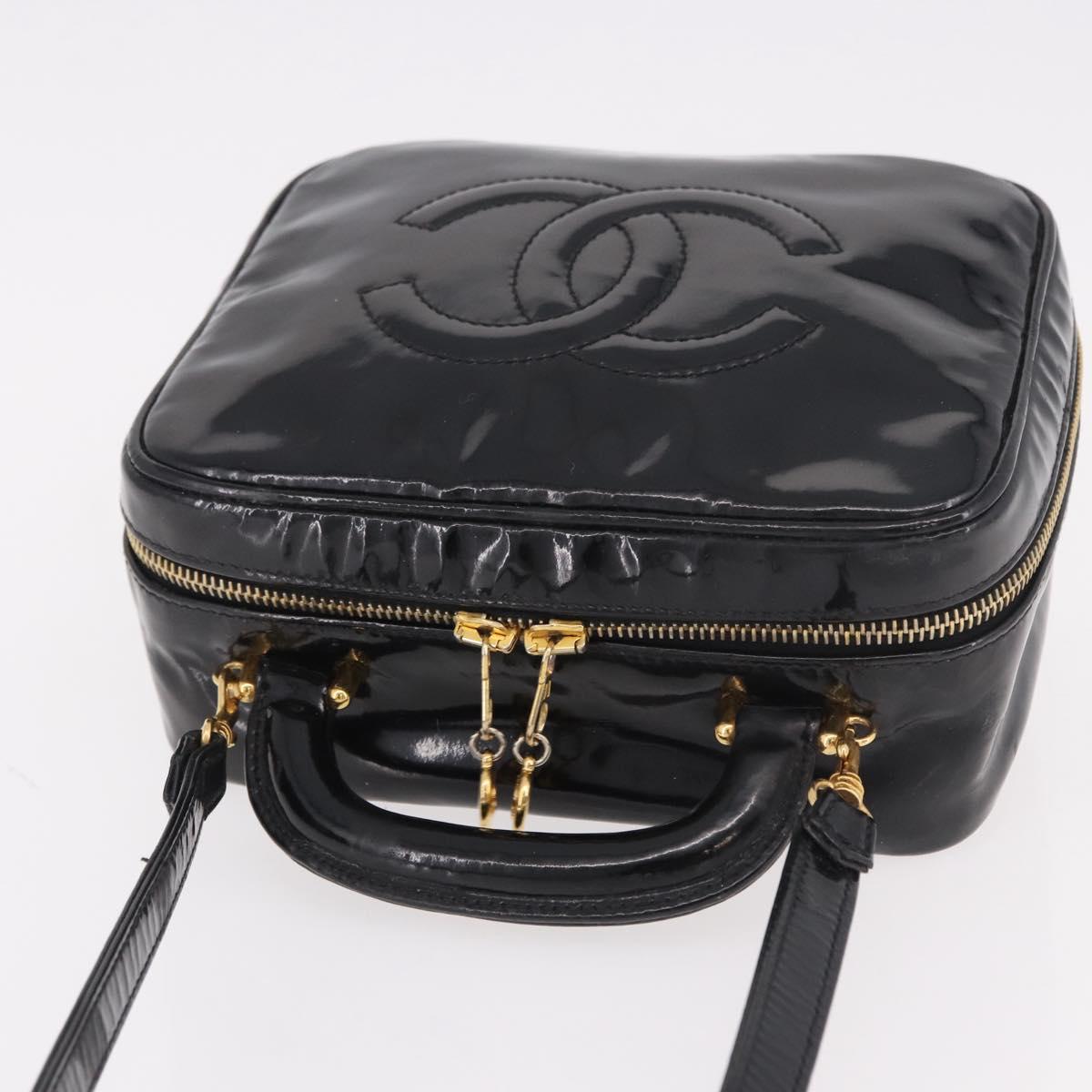 CHANEL Vanity Cosmetic Pouch Patent 2way Black Gold CC Auth BA14000A
