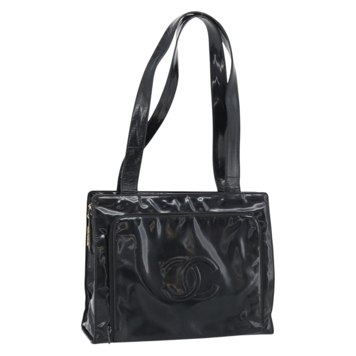 CHANEL Tote Bag Patent Black Gold CC Auth BA14016