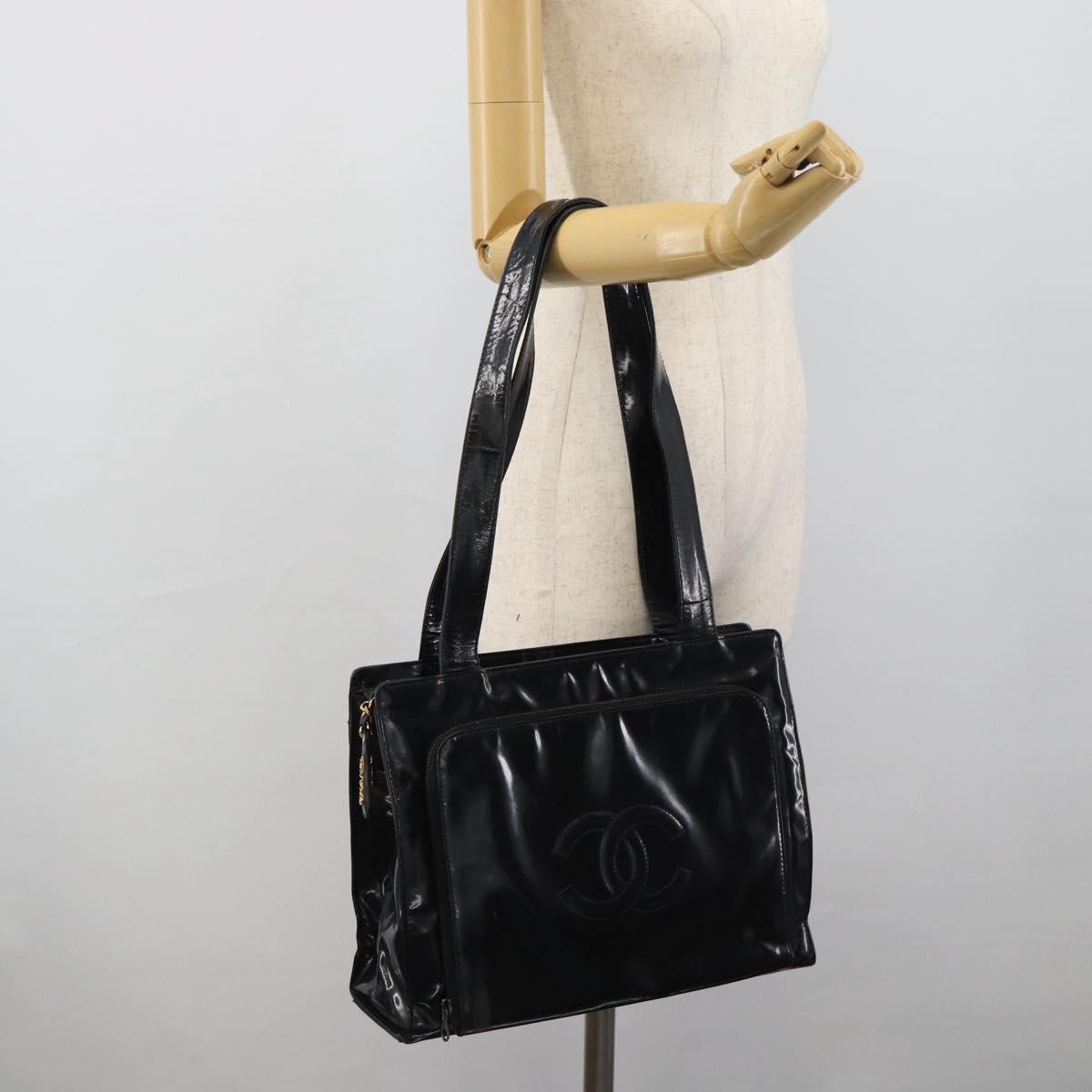 CHANEL Tote Bag Patent Black Gold CC Auth BA14016