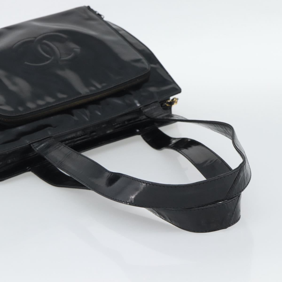 CHANEL Tote Bag Patent Black Gold CC Auth BA14016
