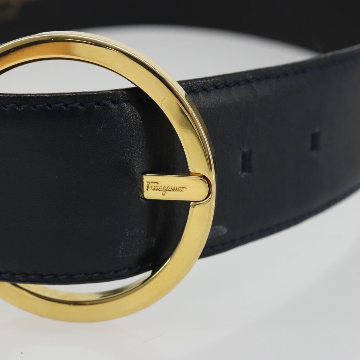 Salvatore Ferragamo Double Gancini Belt Leather Navy Gold Auth BA14028