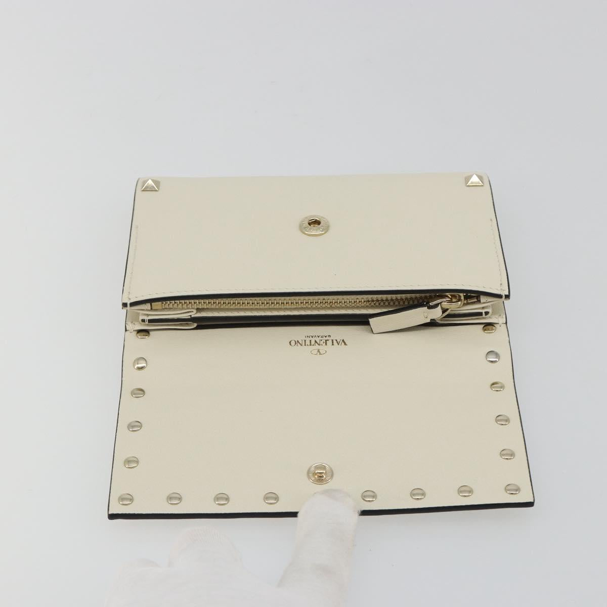 VALENTINO Rock Studs Wallet Leather Ivory Gold Auth BA14034M