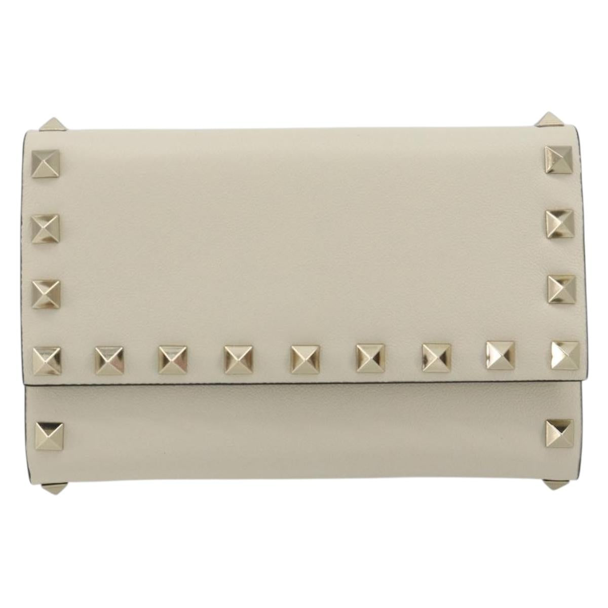 VALENTINO Rock Studs Wallet Leather Ivory Gold Auth BA14034M