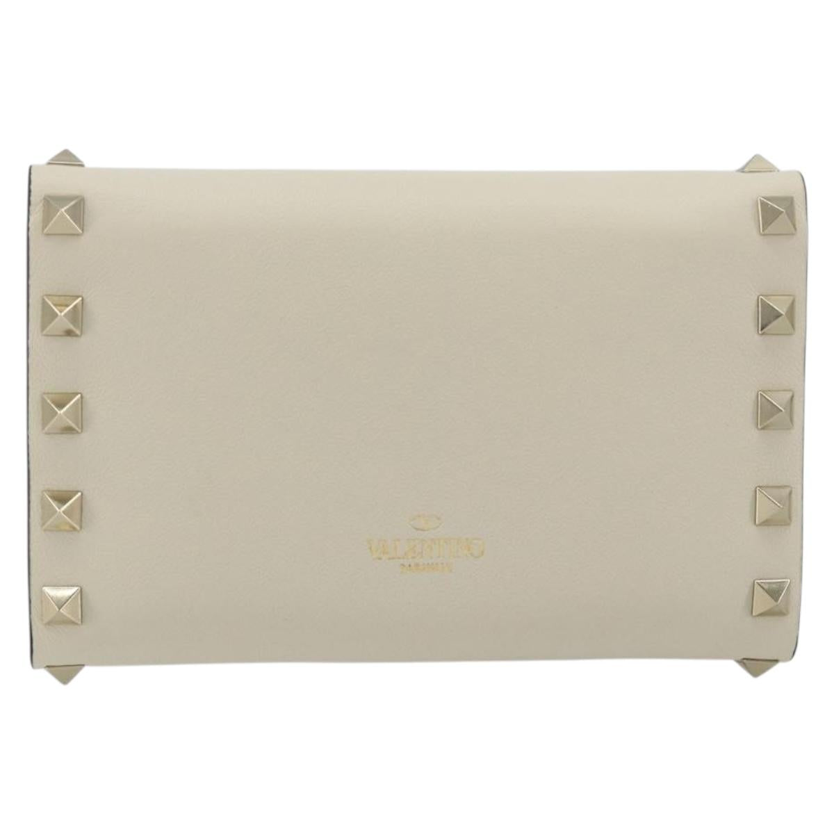 VALENTINO Rock Studs Wallet Leather Ivory Gold Auth BA14034M