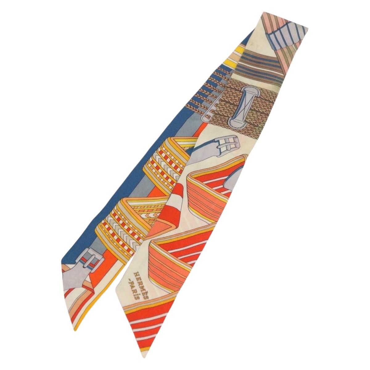 HERMES Twilly Scarf Silk "SANGLES EN ZIGZAG" Ivory Auth BA14065