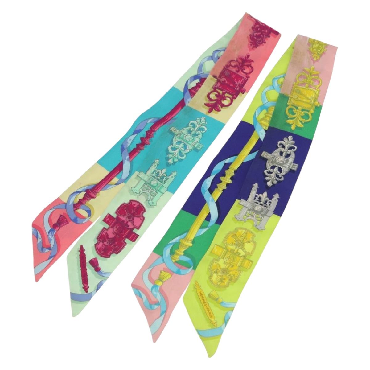 HERMES Twilly Scarf Silk 2 Set Blue Red Green Auth BA14066