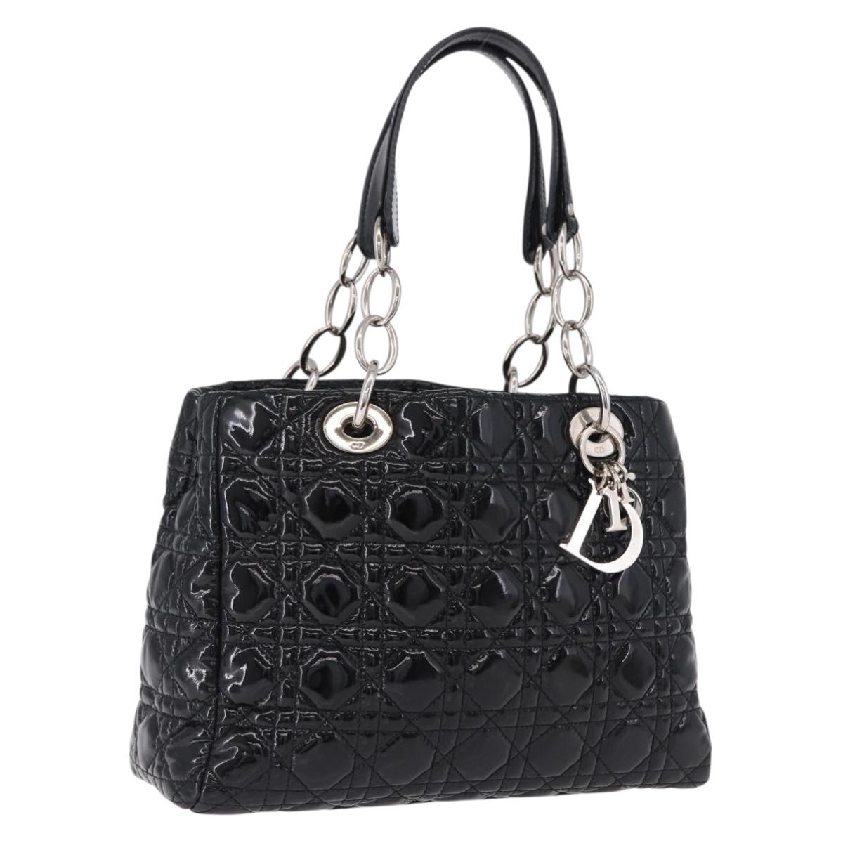 Christian Dior Lady Dior Chain Bag Patent Leather Black Silver Auth BA14101V