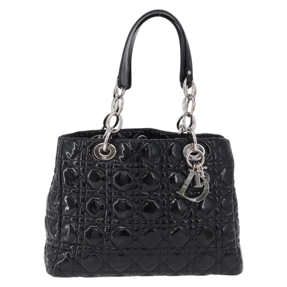 Christian Dior Lady Dior Chain Bag Patent Leather Black Silver Auth BA14101V