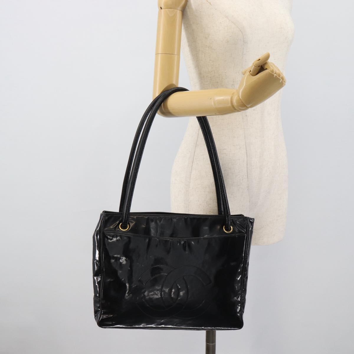 CHANEL Tote Bag Patent Leather Black Gold CC Auth BA14104