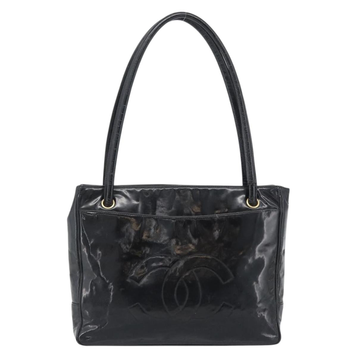 CHANEL Tote Bag Patent Leather Black Gold CC Auth BA14104