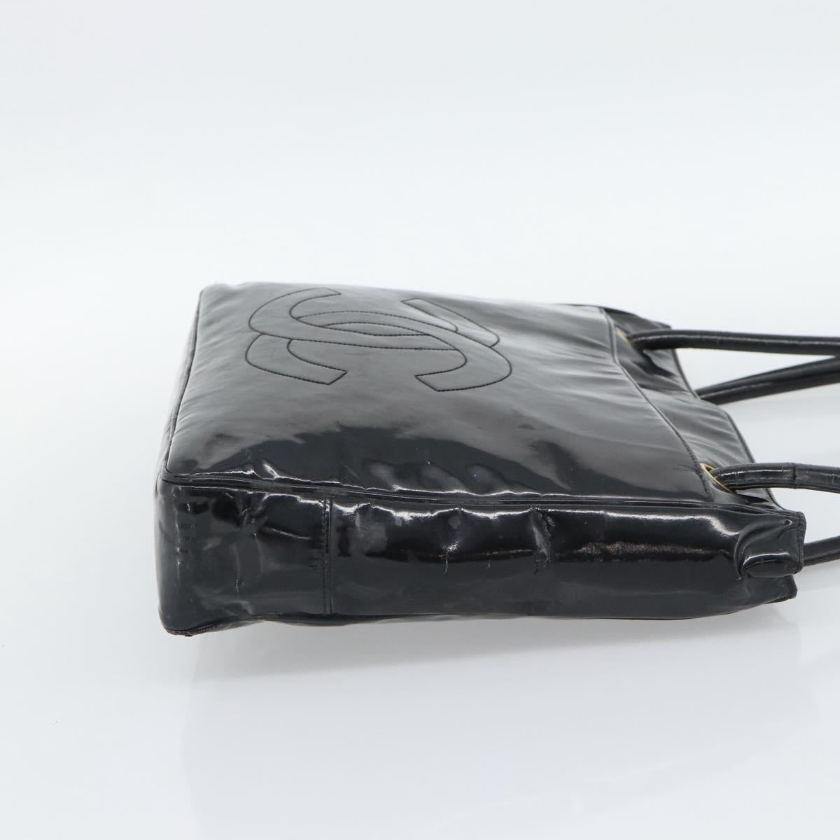 CHANEL Tote Bag Patent Leather Black Gold CC Auth BA14104