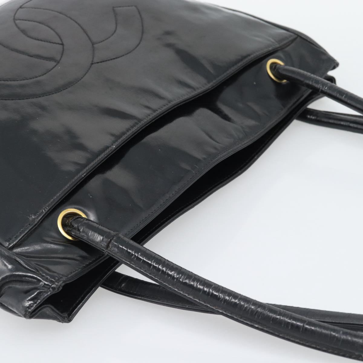 CHANEL Tote Bag Patent Leather Black Gold CC Auth BA14104