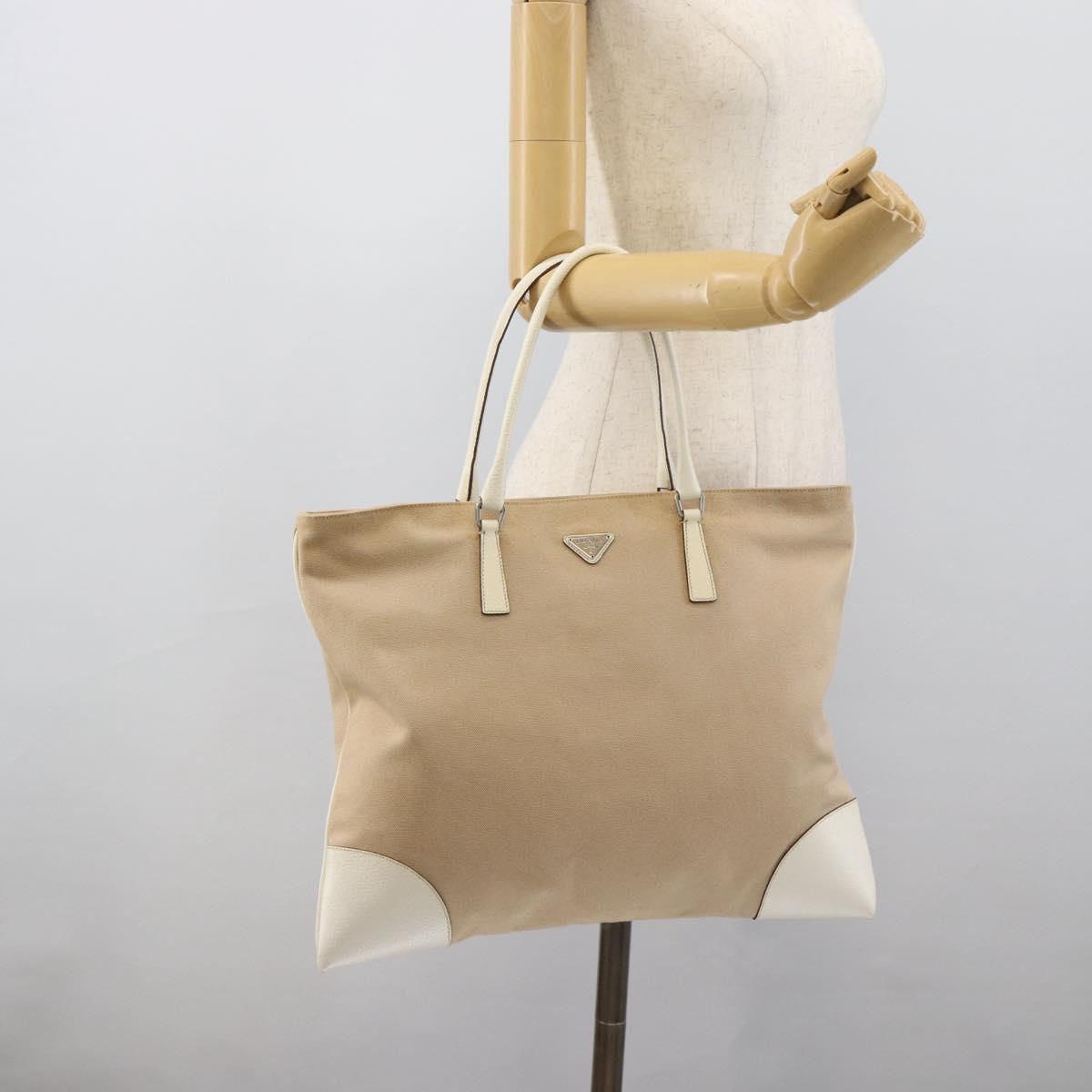 PRADA Tote Bag Canvas Beige Silver Auth BA14115