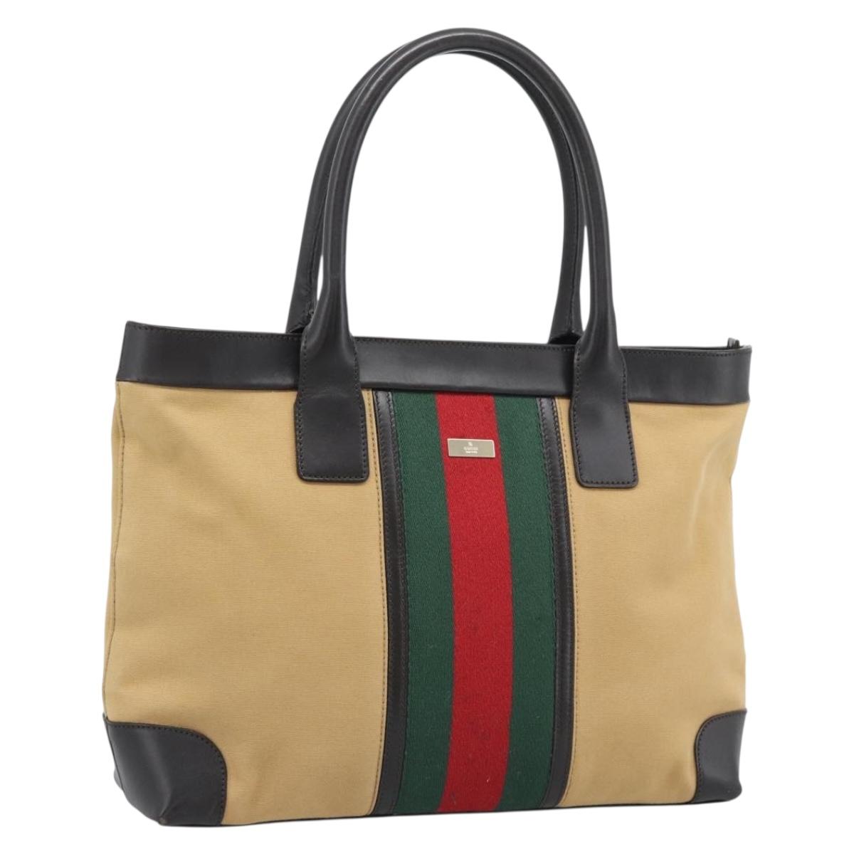 GUCCI Web Sherry Line Tote Bag Canvas Beige Gold 002 1119 Auth BA14116A