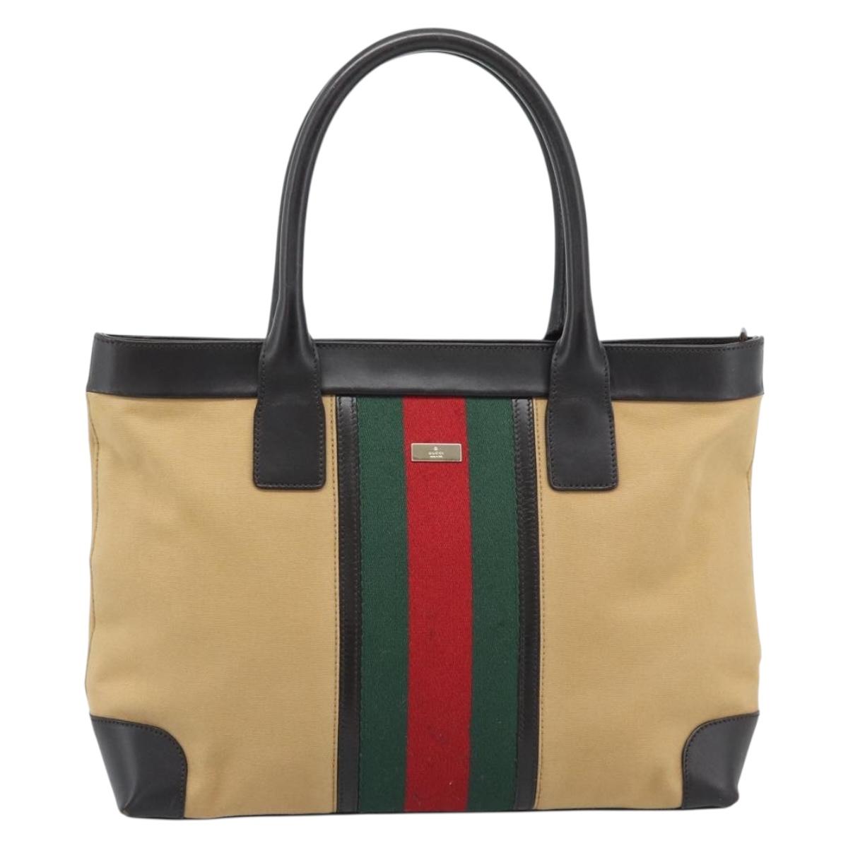GUCCI Web Sherry Line Tote Bag Canvas Beige Gold 002 1119 Auth BA14116A