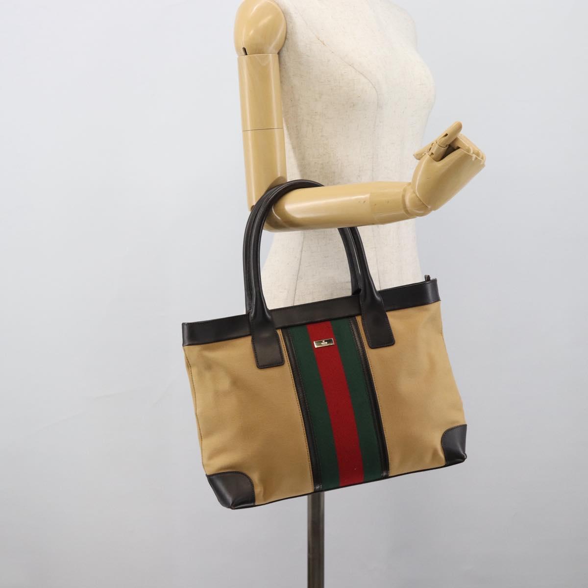 GUCCI Web Sherry Line Tote Bag Canvas Beige Gold 002 1119 Auth BA14116A